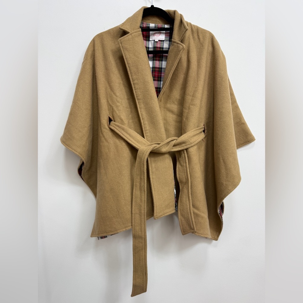Victoria Dunn Tan Belted Cape Coat, plaid lining.